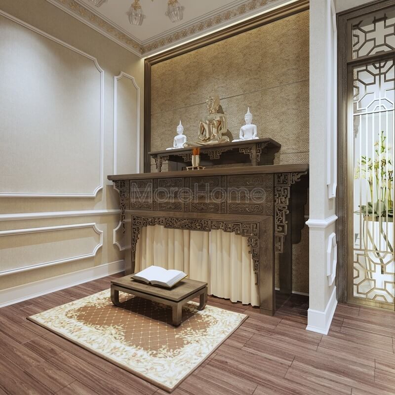 Tạo ra một thiết kế nội thất tinh tế với tông màu vàng nhạt cho phòng thờ của biệt thự tại Ciputra Hà Nội.