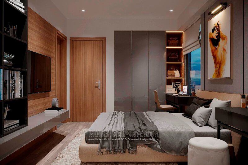 Phòng ngủ được thiết kế với tone màu ấm áp, cùng với những vật dụng nội thất được thiết kế với đèn nét đơn giản nhưng sang trọng.